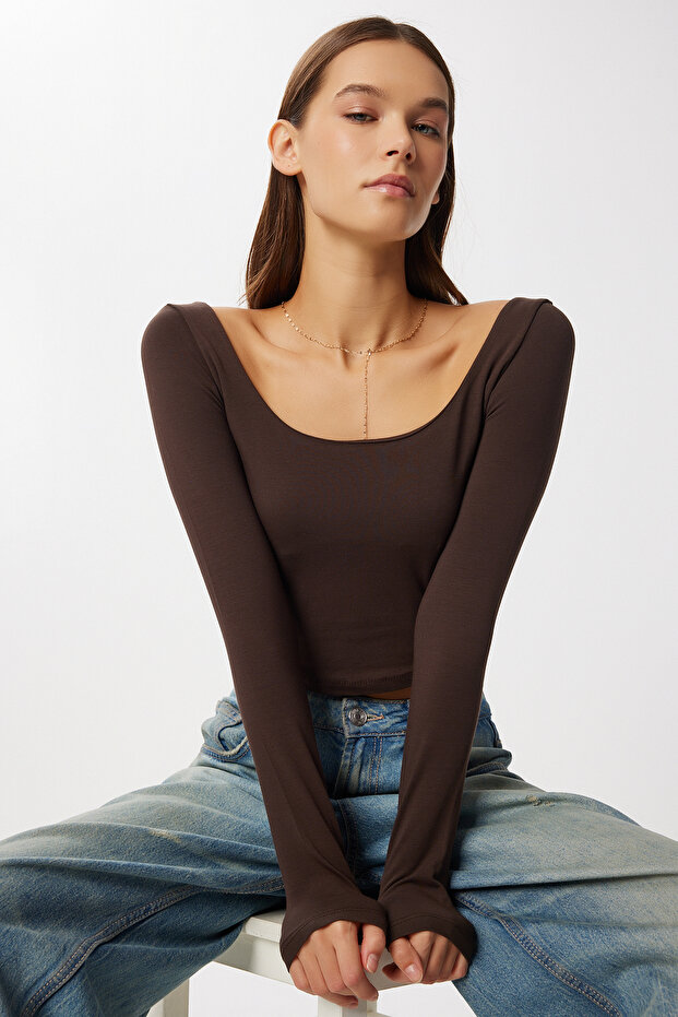 Basic Crop Örme Bluz LUB0255 ACI KAHVE - 1