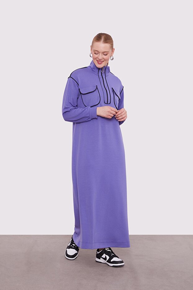 Mor Çizgi Cep Detaylı Elbise - 2