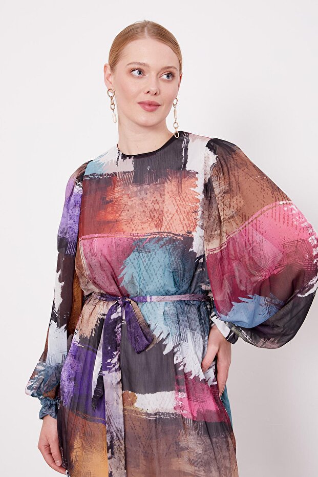 Purple Mixed Brush Pattern Chiffon Tunic - 4