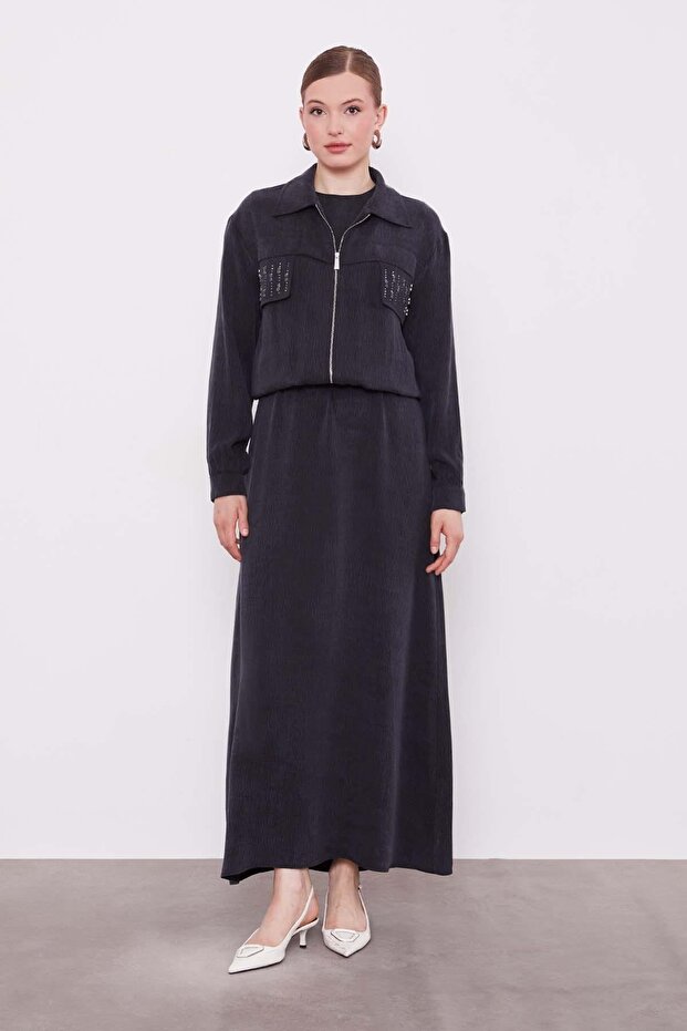 Siyah Taş Detaylı Fermuarlı Ceket Takım - 1