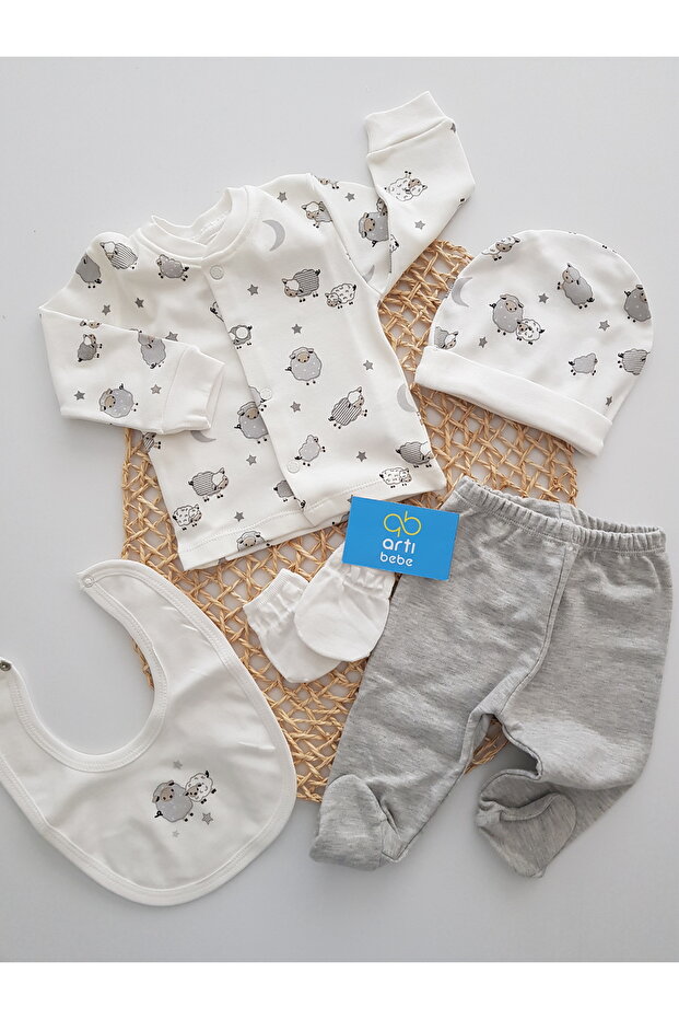 Newborn Unisex 5-Piece Hospital Discharge Set | 100% Cotton Lamb Patterned First Wear Set