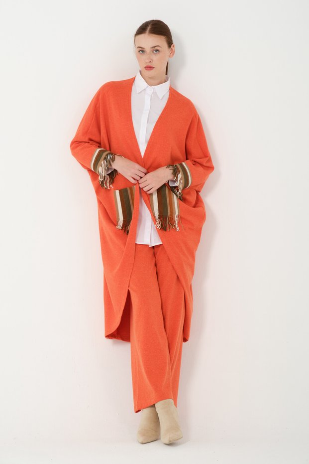 Hatunatila Hera Fabric Oversized Cardigan Set with Pocket and Sleeve Detail 5005 Orange