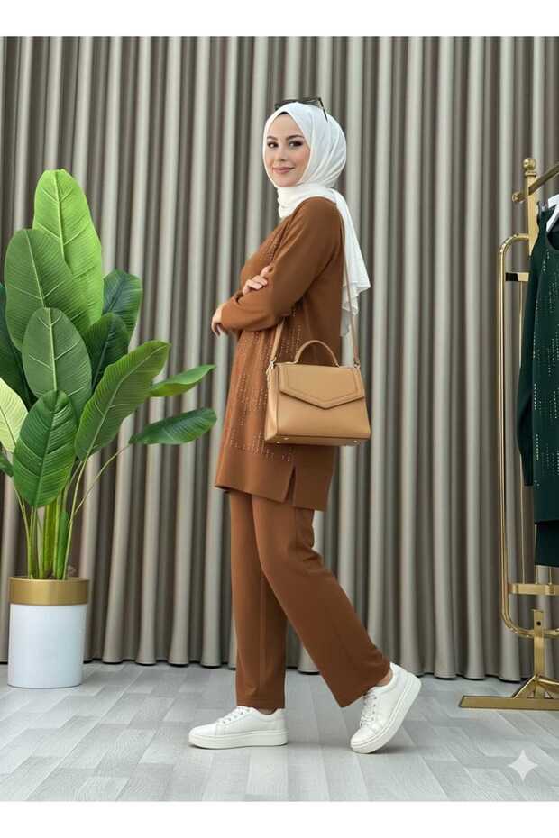 Stone Print Patterned Tunic Trousers Double Set