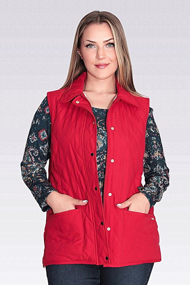 70043 KIRMIZI EKOSE ASTAR DETAYLI HAFİF ELYAF KAPİTONE YELEK - 3