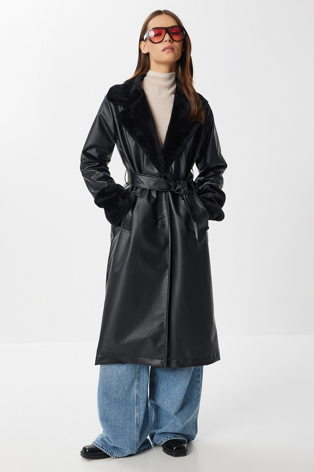 Fur Collar Long Faux Leather Trench Coat Lgp0028 Black