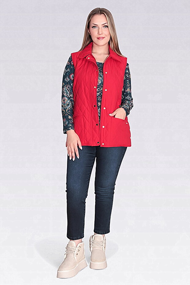 70043 KIRMIZI EKOSE ASTAR DETAYLI HAFİF ELYAF KAPİTONE YELEK - 2