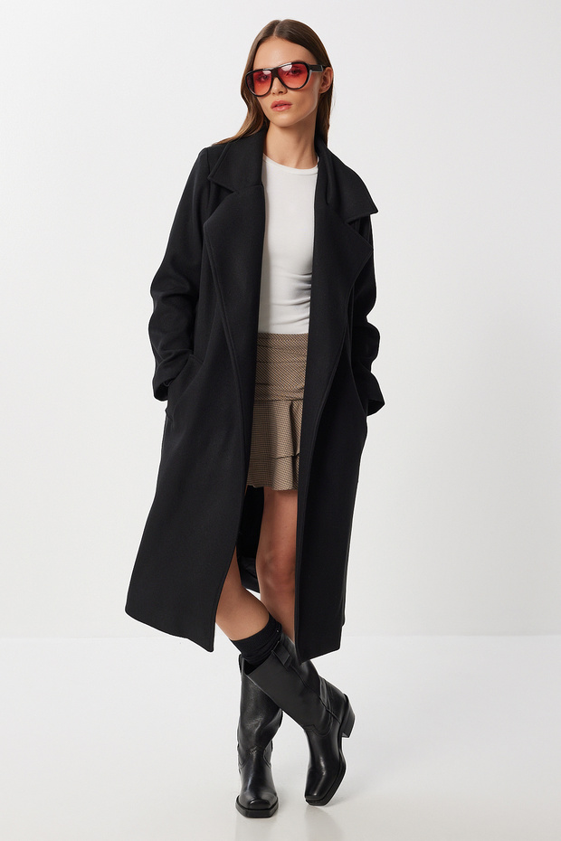 Double-Breasted Collar Belted Cashmere Coat Lgp0030 Black