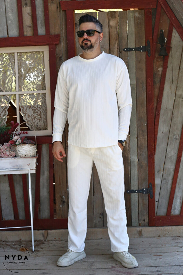 Men's Corduroy Striped Regular Long Sleeve Sweatshirt with Pockets Elastic Waist Lace-Up Pants Set