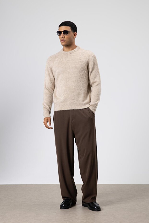 Oversize Soft Textured Crew Neck Sweater Beige