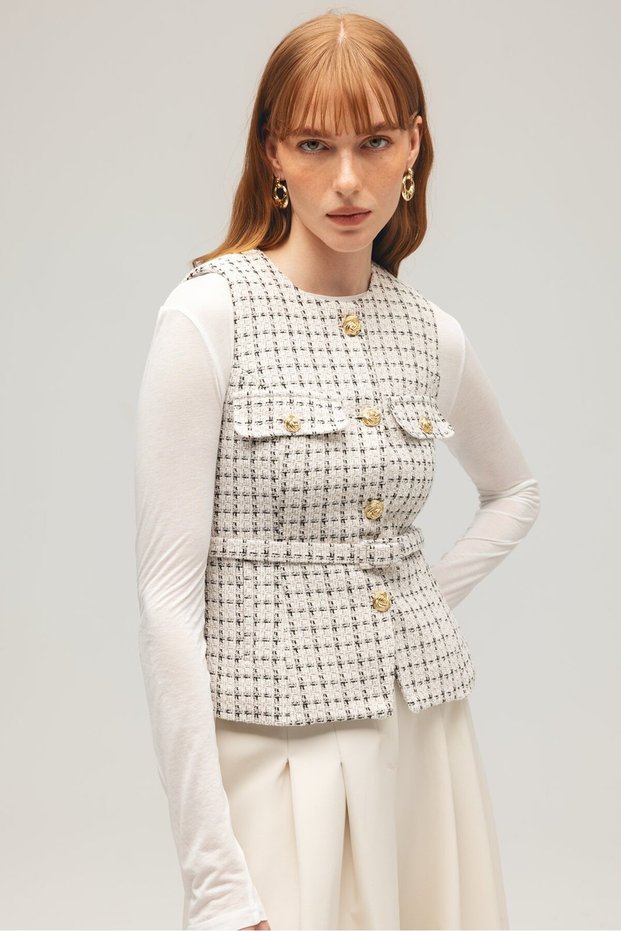 Beige Women's Gold Button Detailed Pocketed Woven Tweed Vest - Belted