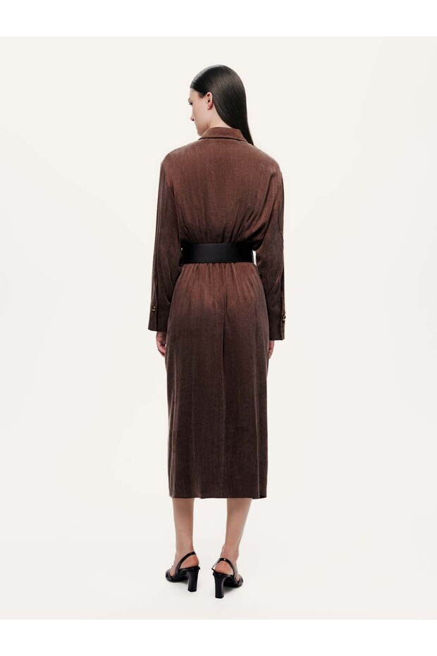 Drape Detaylı Kemerli Maxi Elbise - 5