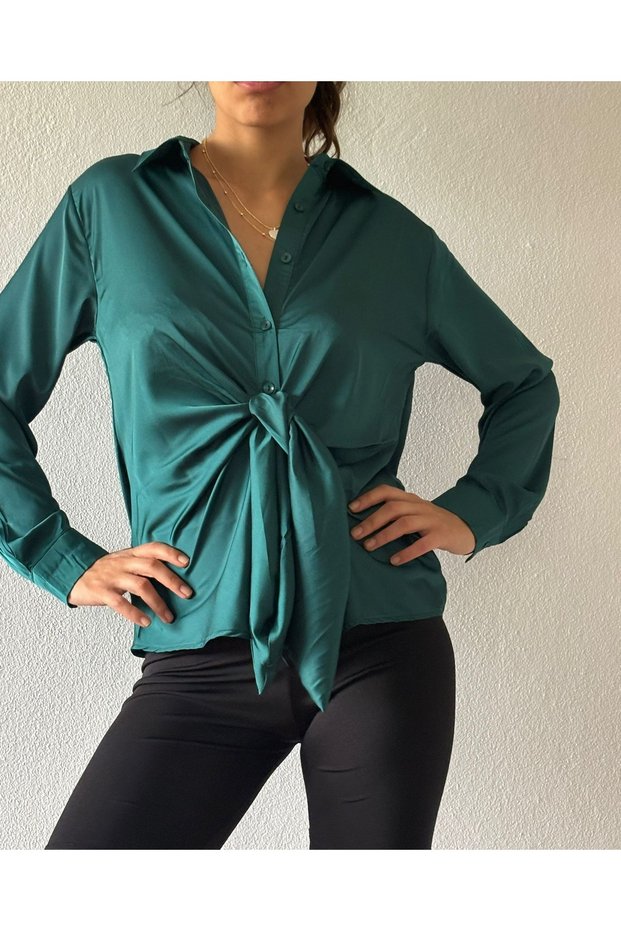 Woven Satin Long Sleeve Tie-Up Shirt