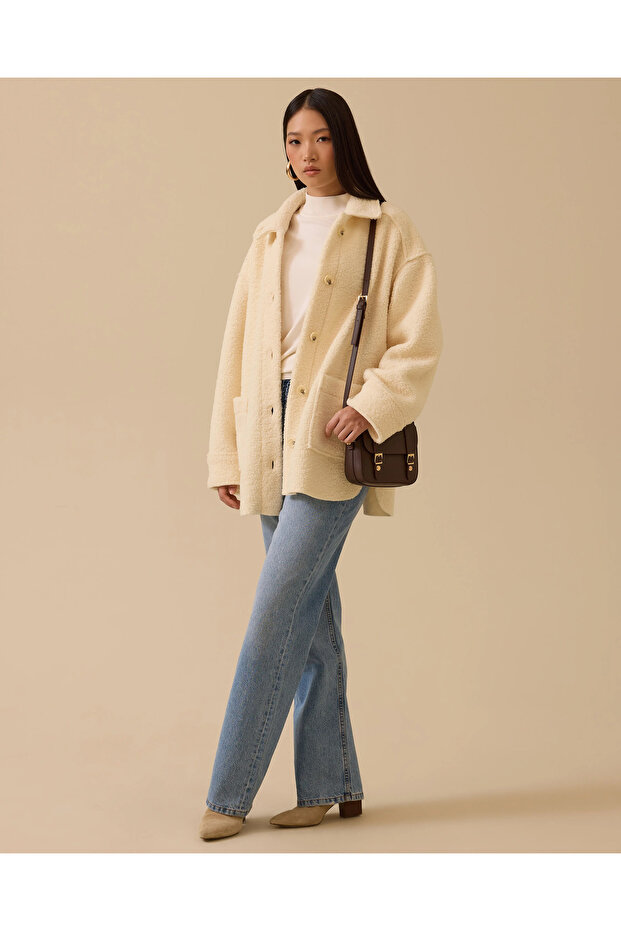 Düğmeli Oversize Peluş Kaban - 1