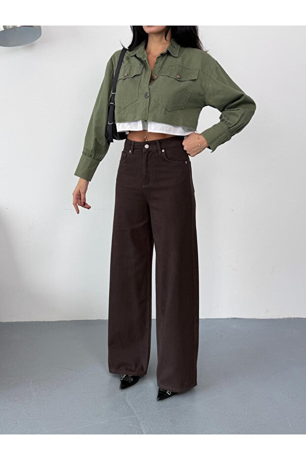 KADIN KAHVERENGİ BAGGY JEAN YÜKSEK BEL GENİŞ PAÇA KOT PANTOLON - 7