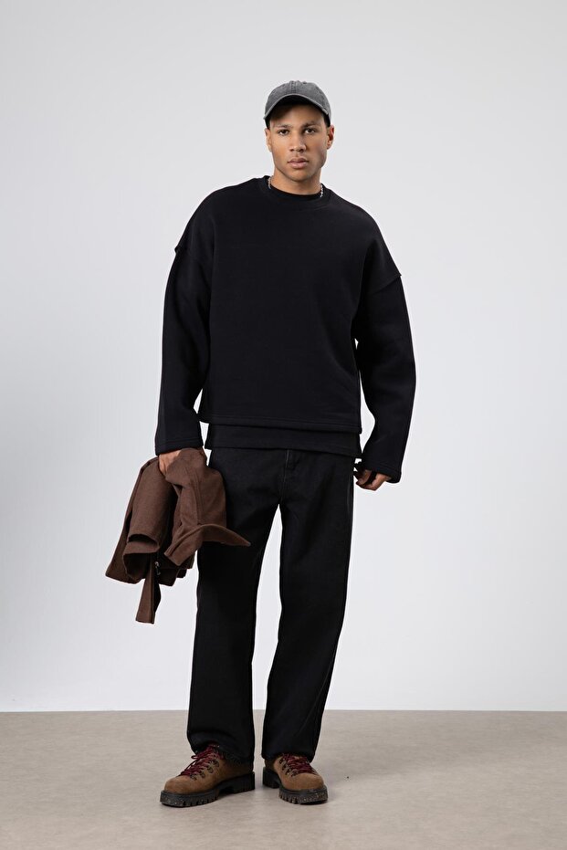 Boxy Fit Basic Sweatshirt Siyah - 1