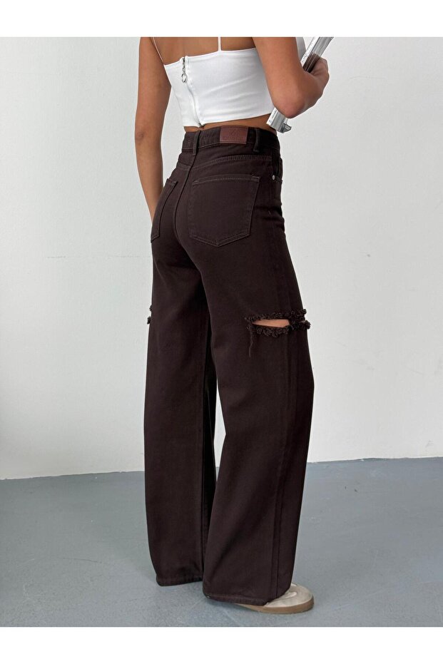 KADIN KAHVERENGİ BAGGY JEAN YÜKSEK BEL KOT PANTOLON DENİM KUMAŞ YANLARDAN LAZERLİ - 1