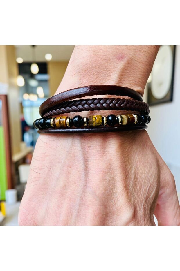 Men's Genuine Leather Tiger's Eye Natural Stone Magnetic Clasp Braided Bracelet