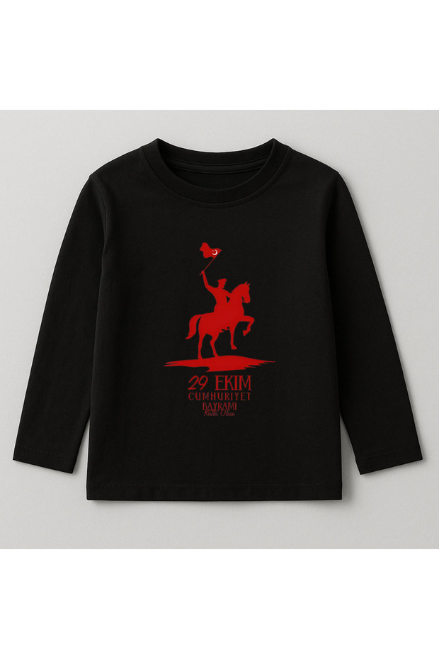 29 October Republic Day Printed Black Crew Neck Combed Cotton Fabric Children's T-Shirt Blouse
