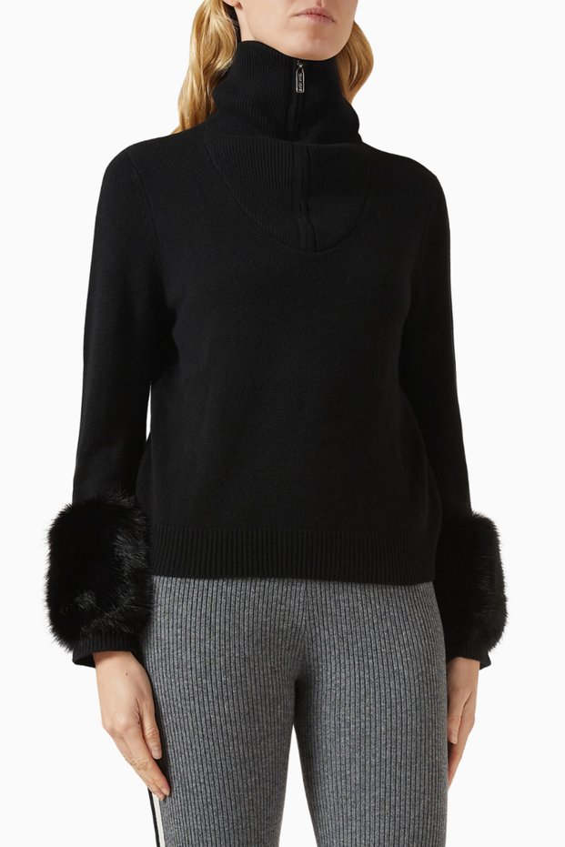 Zip-Up Faux Cuff Sweater, Black Stylish and Luxurious Women's Wool-Cashmere Sweater