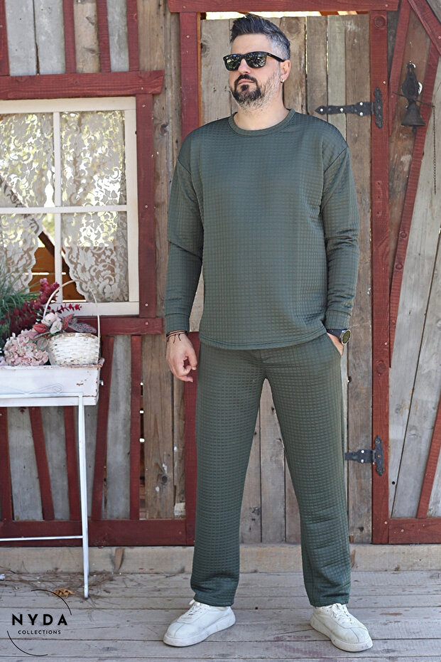 Men's Quilted Fabric Regular Long Sleeve Sweatshirt with Pockets Elastic Waist Lace-Up Pants Set