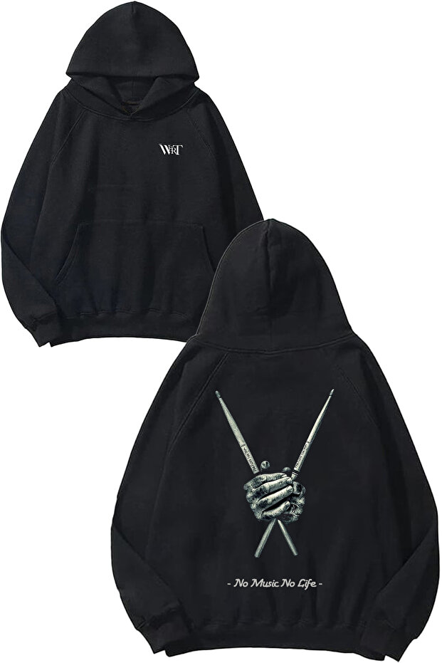 No Music No Life Design Back Printed Black Hooded Sweatshirt
