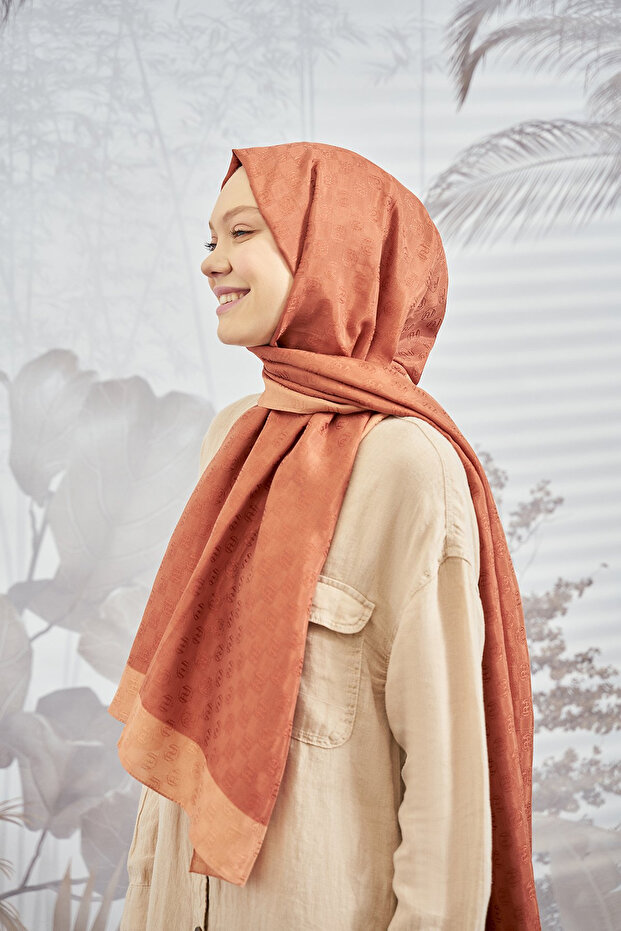 Dama desenli Monogram Şal - Kiremit - 1