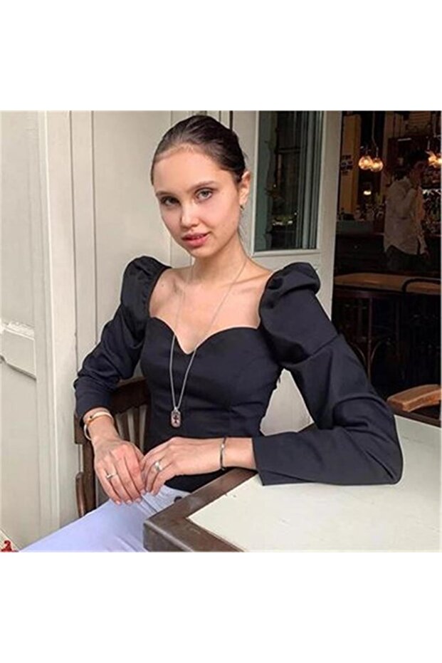 Eyon Black Heart Collar Balloon Sleeve Long Sleeve Blouse