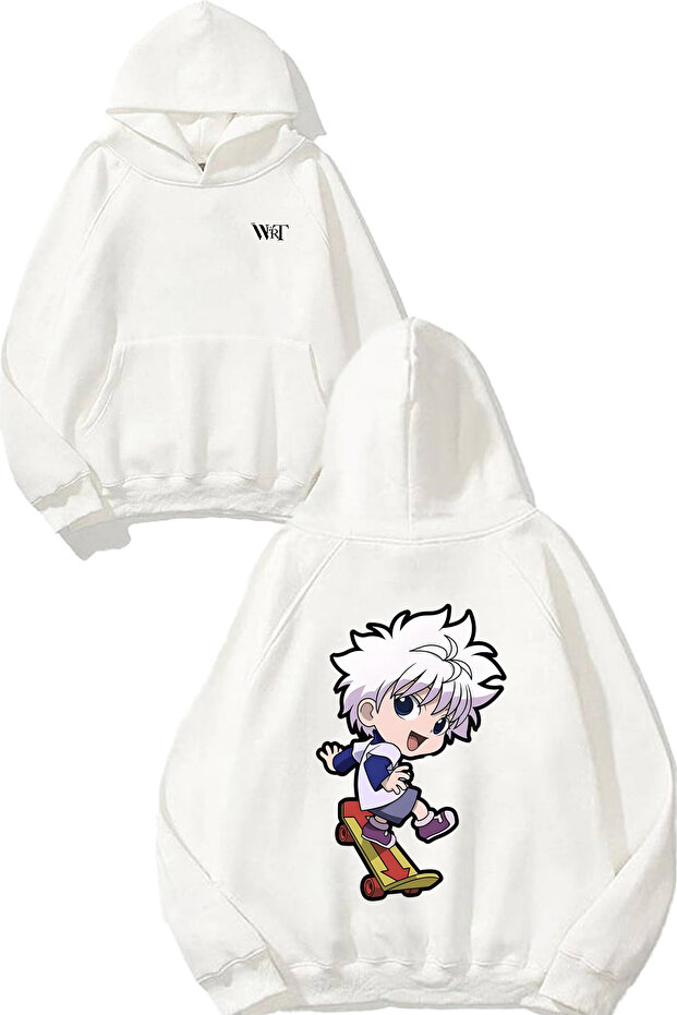 Chibi Young Hunter Design Back Printed White Hooded Sweatshirt