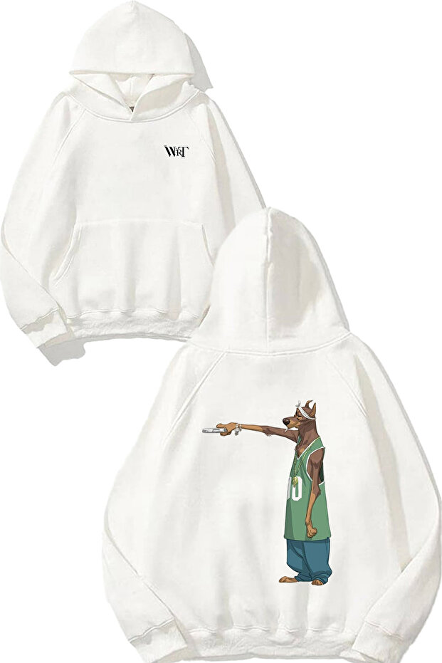 Gangsta Dog Design Back Printed White Hooded Sweatshirt