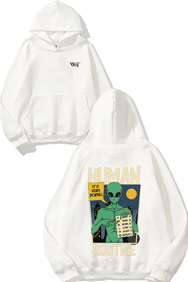 Human Routine Design Back Printed White Hooded Sweatshirt