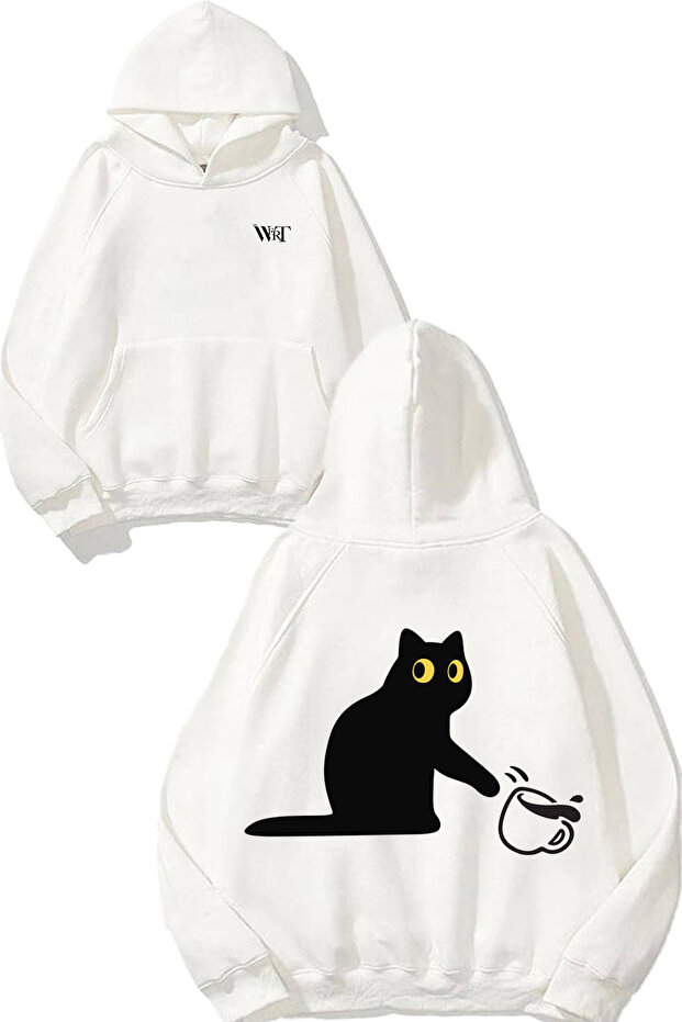 Sakar Cat Design Back Printed White Hooded Sweatshirt