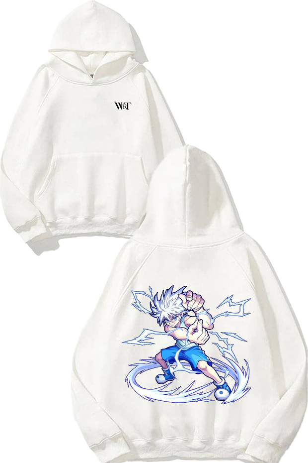 سويت شيرت أبيض بقلنسوة بتصميم Killua Hunter X Hunter مطبوع على الظهر