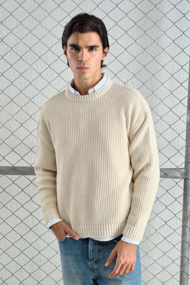 Men's Loose Fitted Ribbed Textured Knitwear Sweater