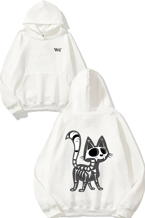 سويت شيرت أبيض بقلنسوة مطبوع عليه تصميم Bone Cat