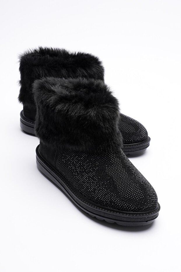 Women's Suede Boots Stoned Plush Black Mira