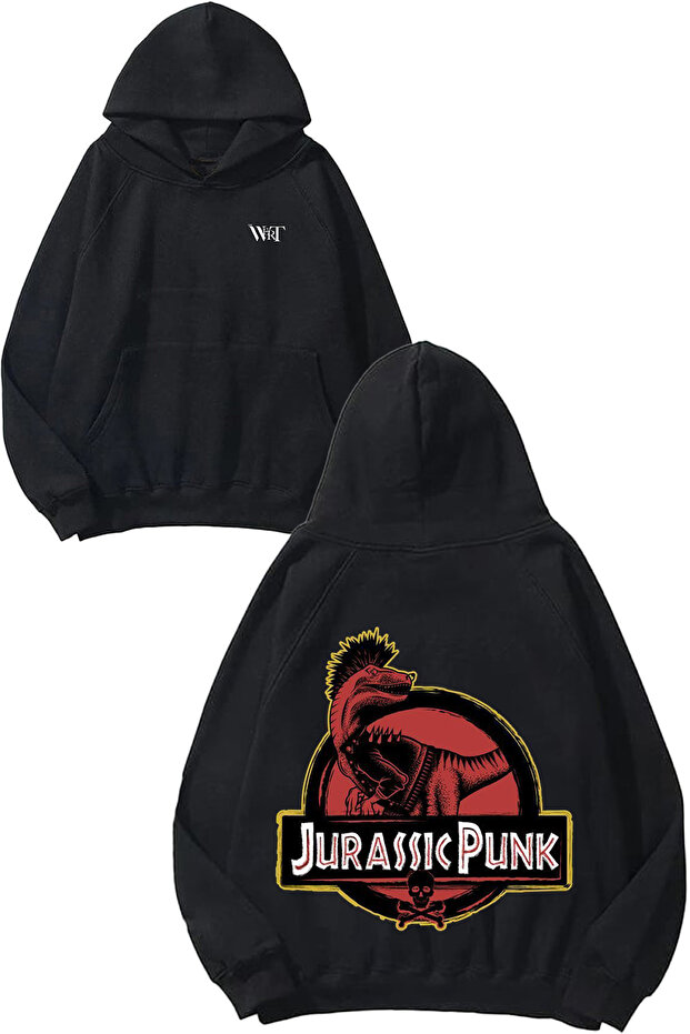 سويت شيرت بقلنسوة أسود بتصميم Jurassic Punk مطبوع على الظهر