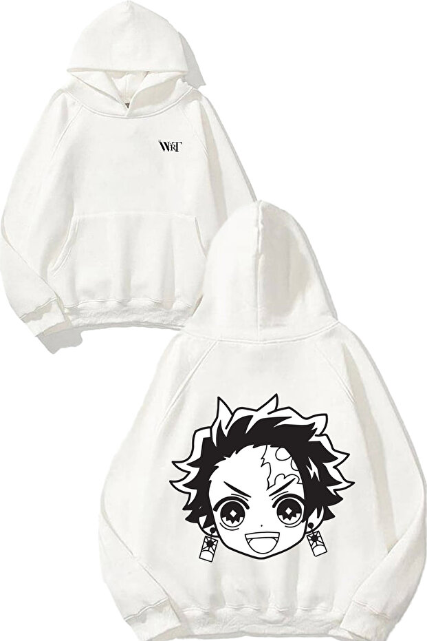 Tanjiro Kamado Demon Design Back Printed White Hooded Sweatshirt