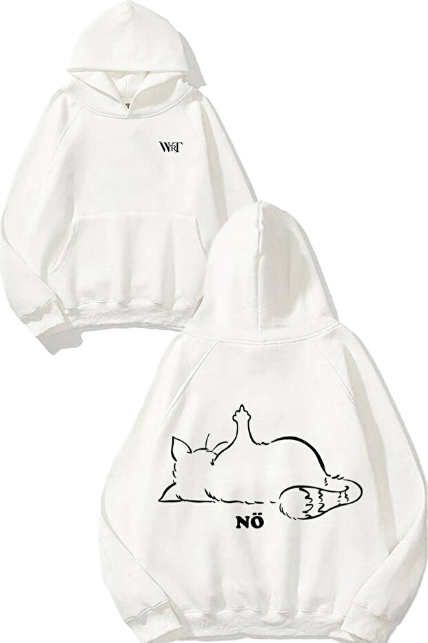 No Cat Design Back Printed White Hooded Sweatshirt