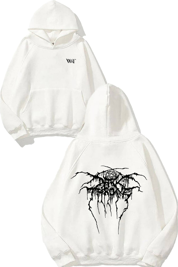 سويت شيرت أبيض بقلنسوة مطبوع عليه شعار Darkthrone