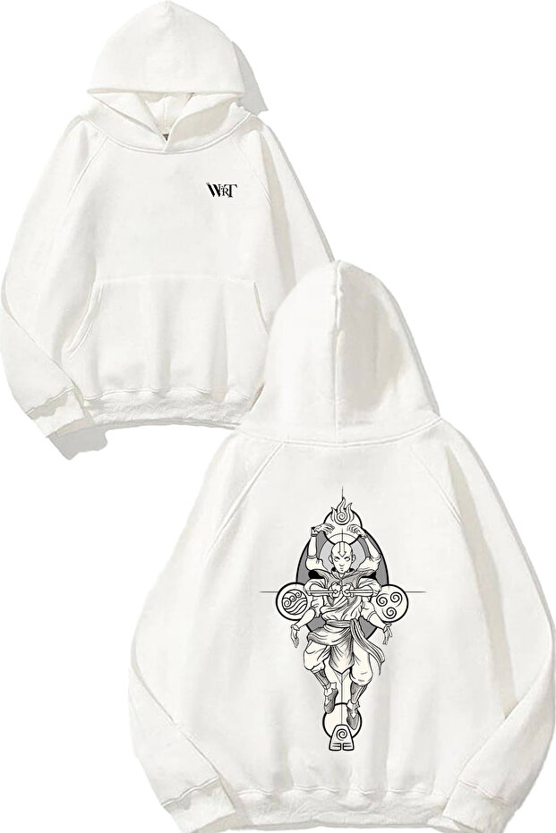 Avatar Drawing Design Back Printed White Hooded Sweatshirt