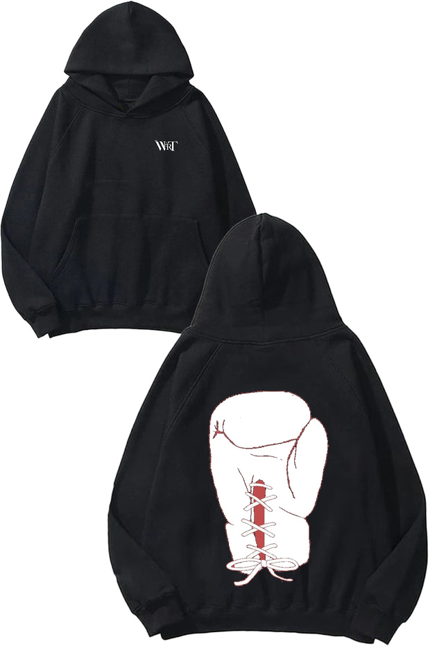 Drawstring Boxing Glove Design Back Printed Black Hooded Sweatshirt