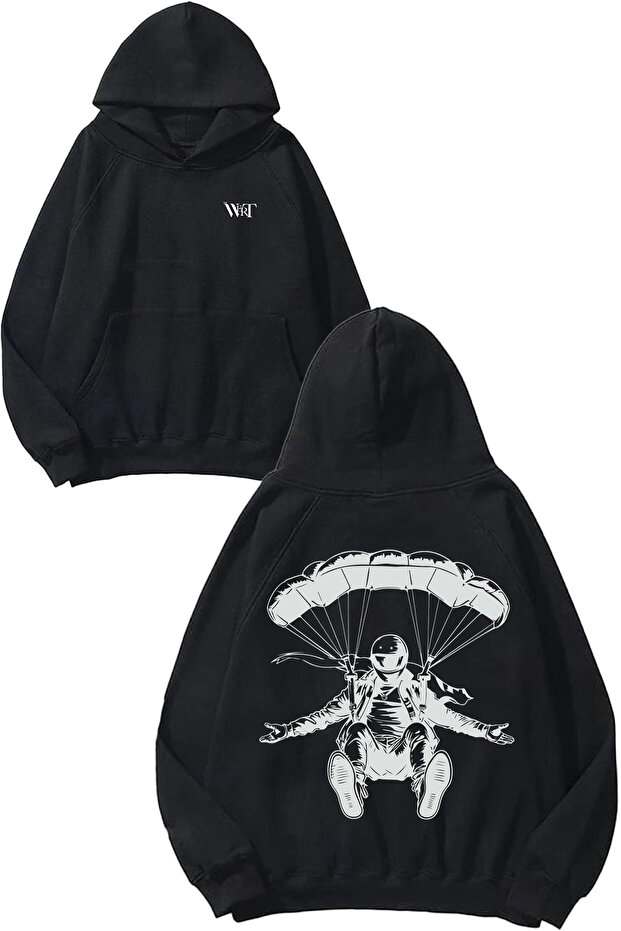 Parachuting Man Design Back Printed Black Hooded Sweatshirt