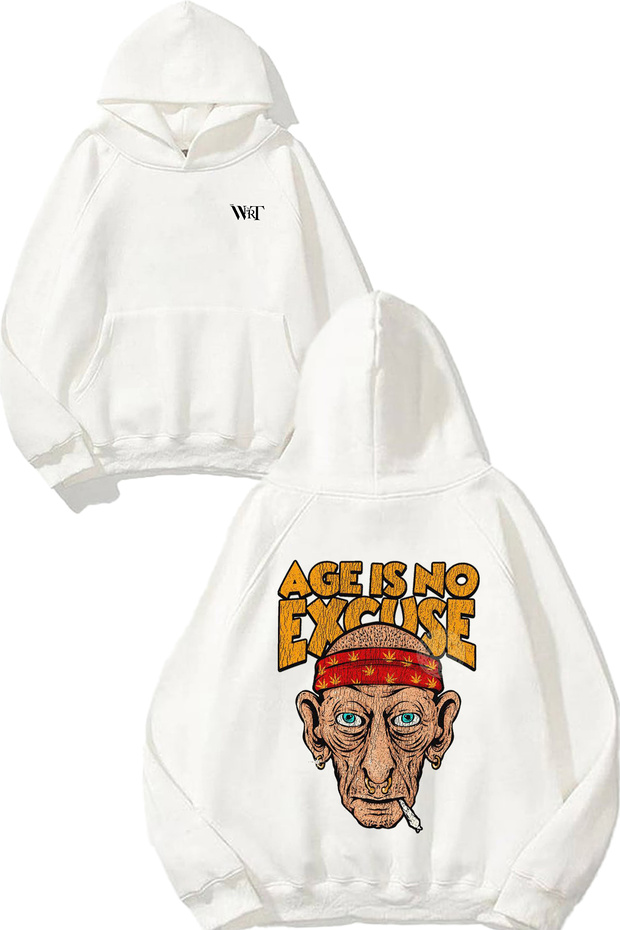 Age Is No Excuse Design Back Printed White Hooded Sweatshirt