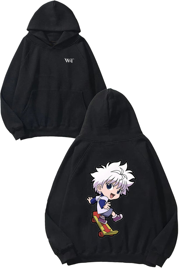 سويت شيرت بقلنسوة أسود مطبوع بتصميم Chibi Young Hunter