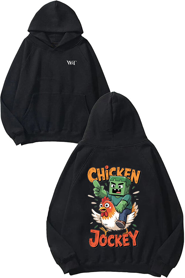 Chicken Jockey Design Back Printed Black Hooded Sweatshirt