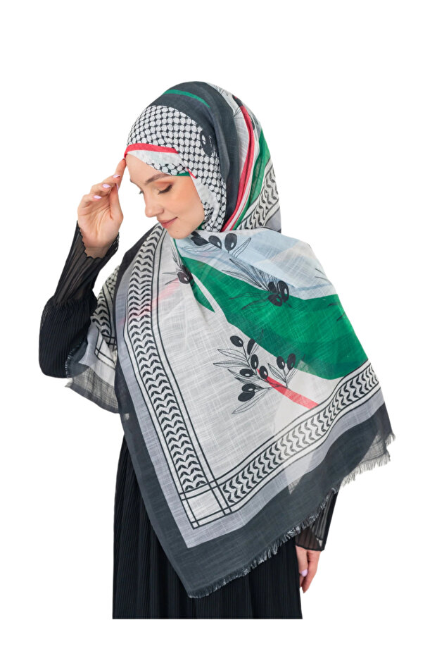 Palestine Shawl Kefiye Olive and Palestine Flag Printed Checkered Women's Shawl Afl2364