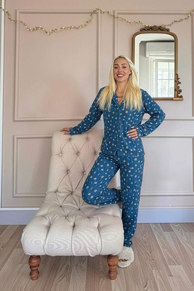Blue Cookie Patterned Front Buttoned Plush Fleece Pajama Set - 5