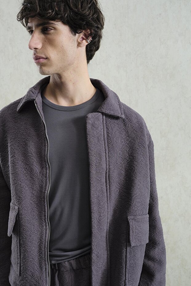 Gray Jacket with Jacquard Pattern - 5