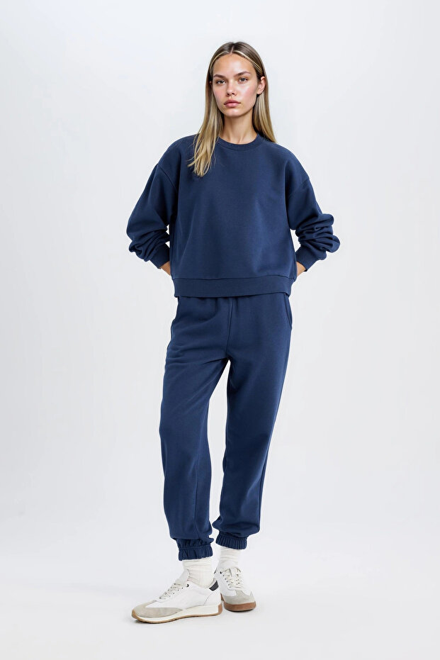 D8022 Lacivert Regular Fit Normal Kalıp Basic İçi Kalın Polarlı Eşofman Takımı - 4