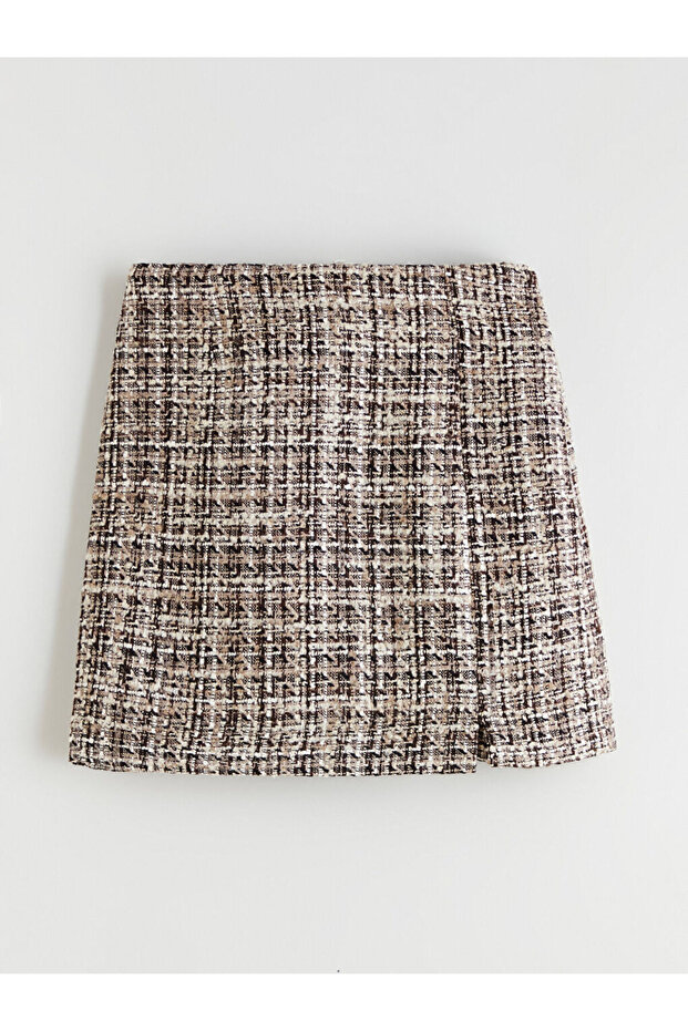Brown Zippered Plaid A-Line Mini Tweed Skirt